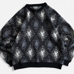 Vintage Banner Black Grey White Acrylic Knit Diamond Geometric Crewneck Sweater